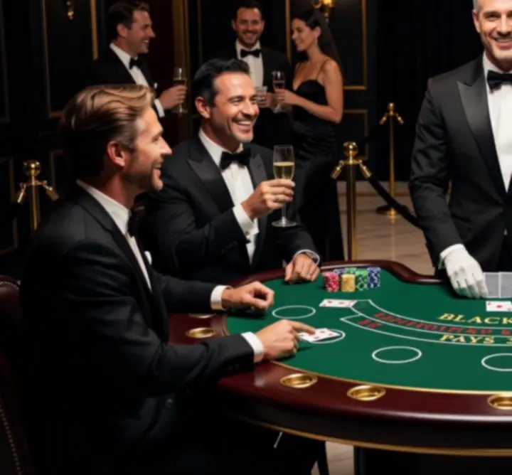 Stół blackjack z rekreacyjną oprawą kasynową i eleganckimi gośćmi