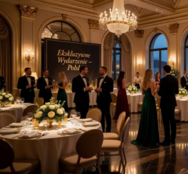 Ekskluzywny wieczorny event w eleganckiej przestrzeni z nastrojowym oświetleniem i strefą gier