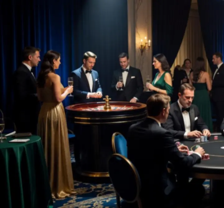 Cinematiczne ujęcie mobilnego eventu z eleganckimi gośćmi przy stołach gier w świetle scenicznym.