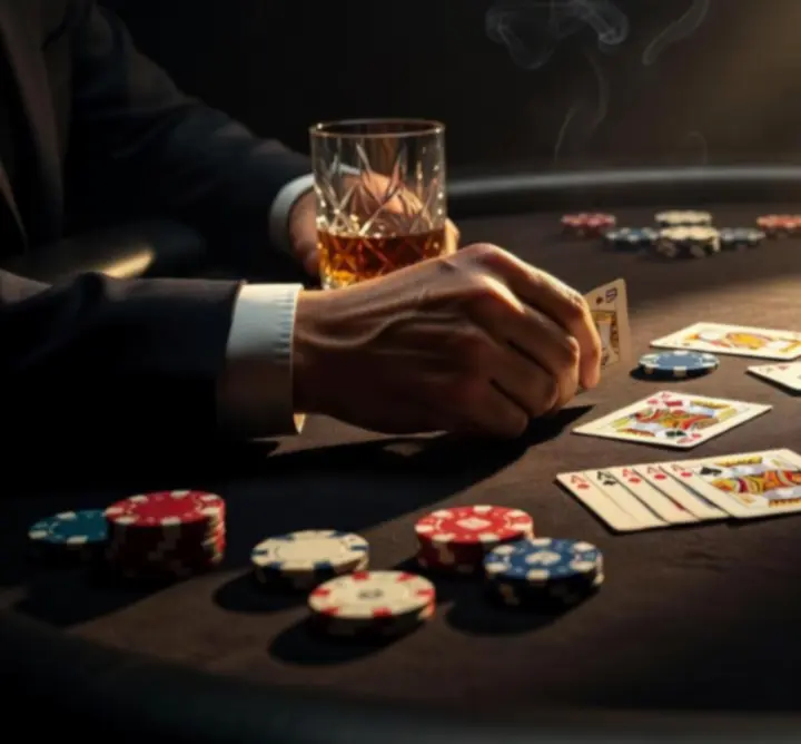 Stół pokerowy oświetlony dramatycznym, kinowym światłem podczas eleganckiego eventu