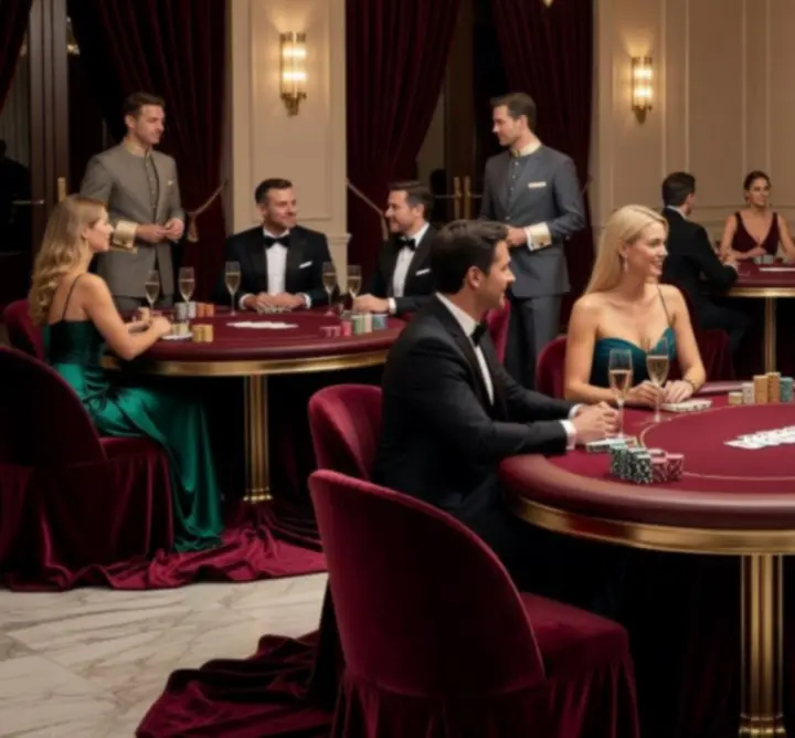 Elegancka sala z profesjonalnie przygotowanymi stołami pokerowymi i nastrojowym oświetleniem