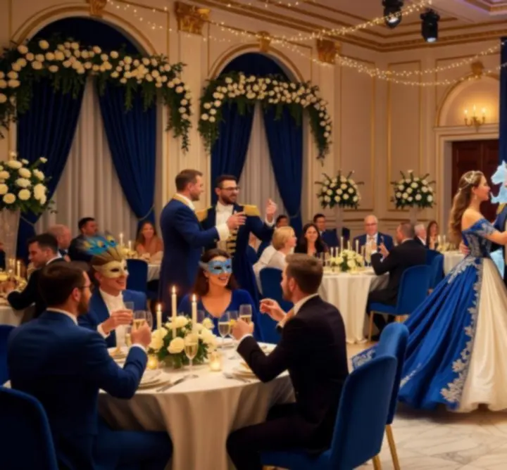 Goście bawiący się podczas eleganckiej imprezy tematycznej z oświetleniem scenograficznym