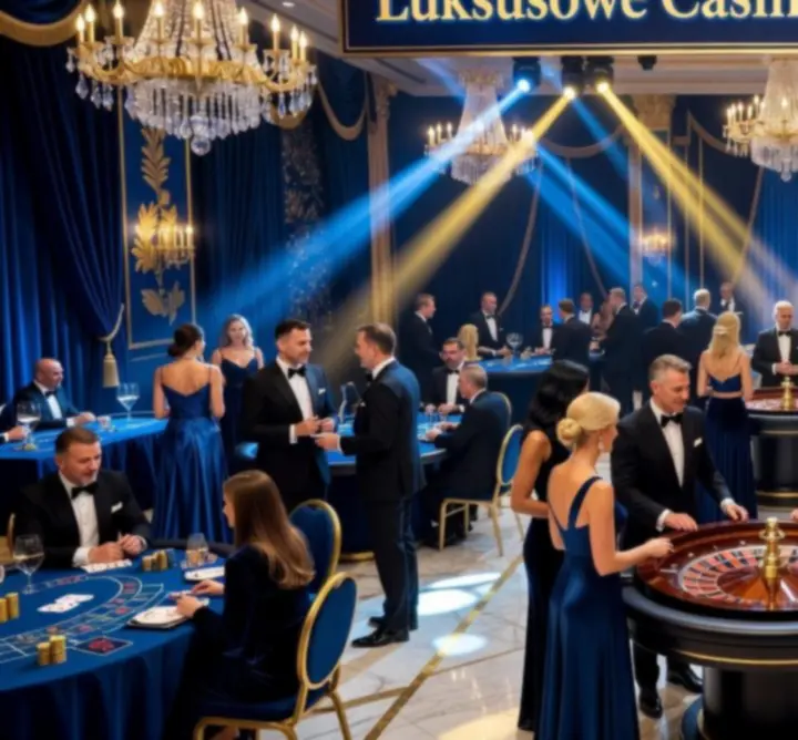 Cinematyczna scena eventu tematycznego z eleganckimi gośćmi i dekoracjami